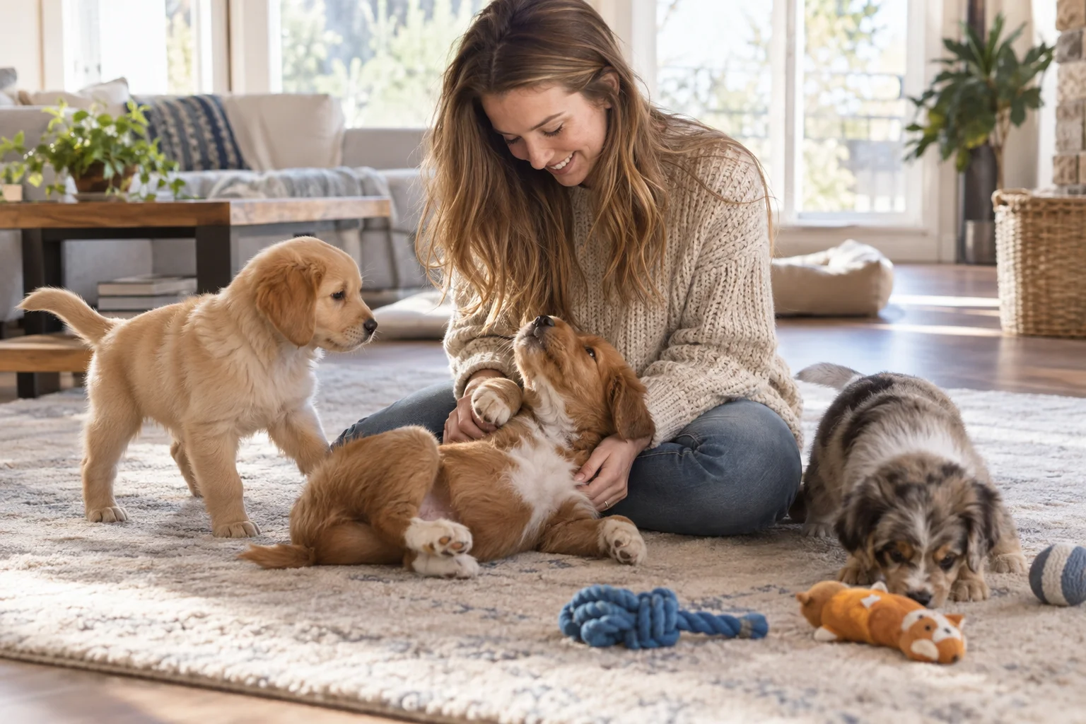 Caregiver socializing puppies