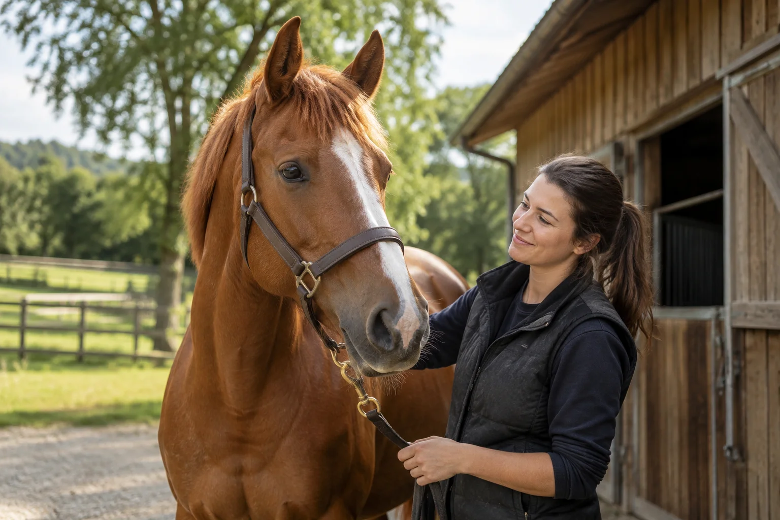 Caregiver and horse at a stable