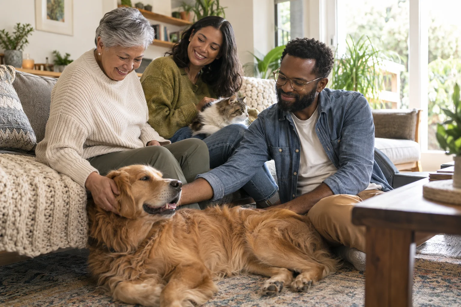 A family relaxing at home with their dog and cat
